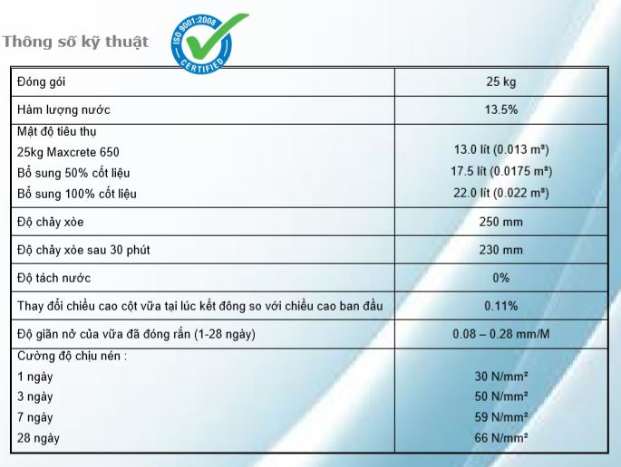 thong so ky thuat maxcrete 650
